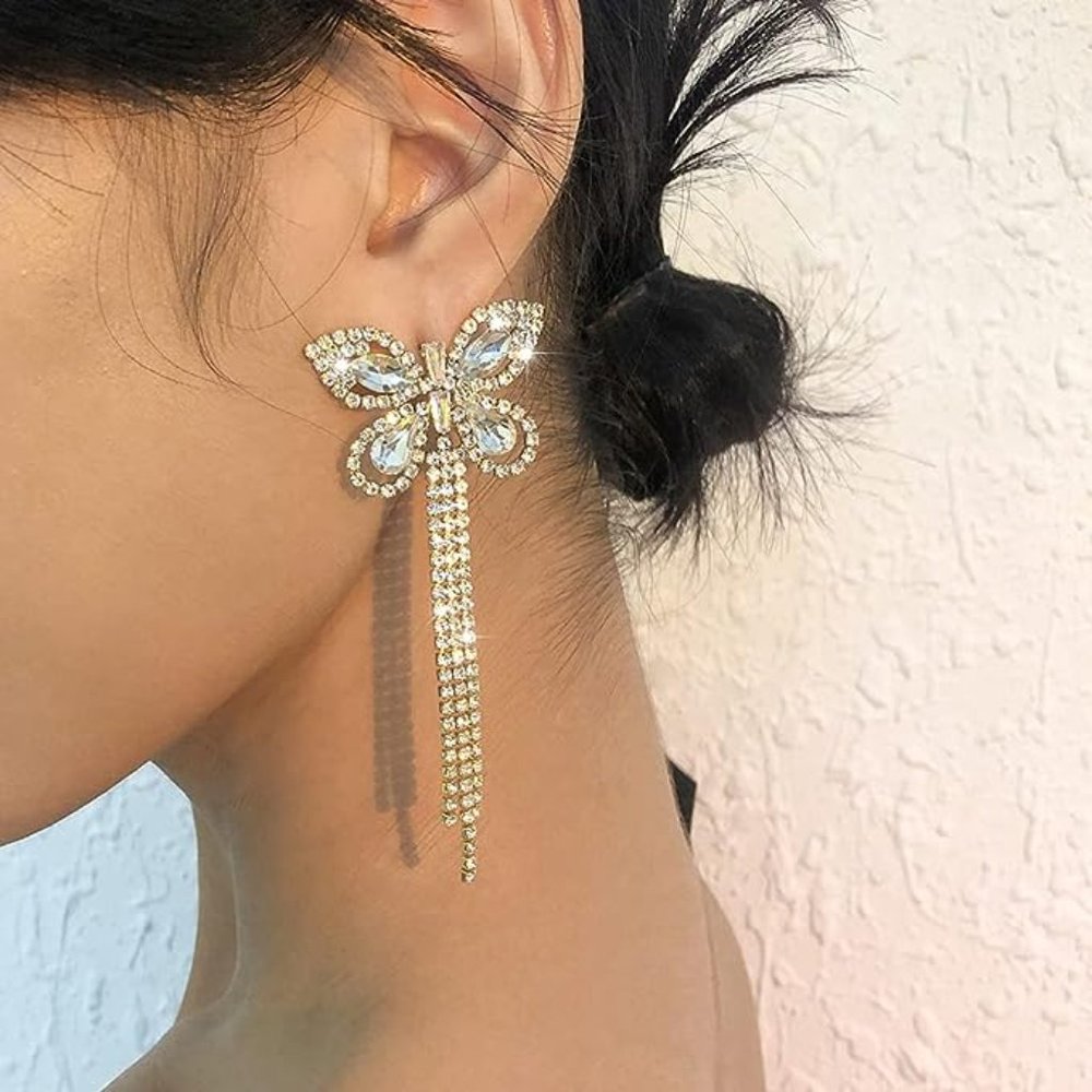 Butterfly Chandelier Pave Rhinestone CZ Crystal Gold Earrings Butterflies New